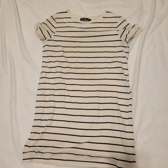 Lulus Cream Black Stripe T-Shirt Dress Minimalist Casual Pocket Dress XS - Picture 3 of 5